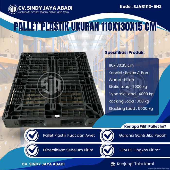 

Pallet Plastik Bekas Ukuran 110x130x15 cm - SJAB1113-5H2 / Pallet Plastik Warna Hitam / Pallet Plastik Jaring