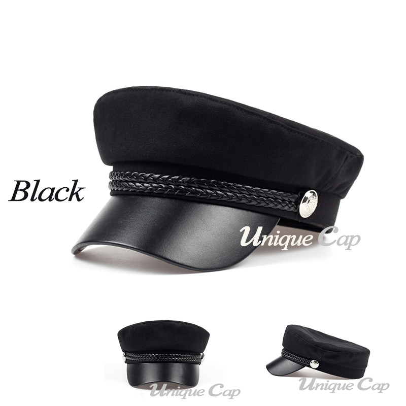 Topi Baret Kulit Hitam Kualitas Tinggi untuk Wanita Topi Puncak Datar Musim Dingin Pria Retro