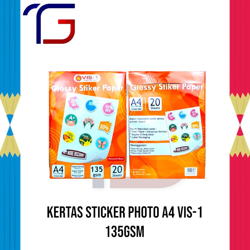 

KERTAS STICKER PHOTO A4 VIS-1 135GSM ( Isi 20 ) Tahan Air