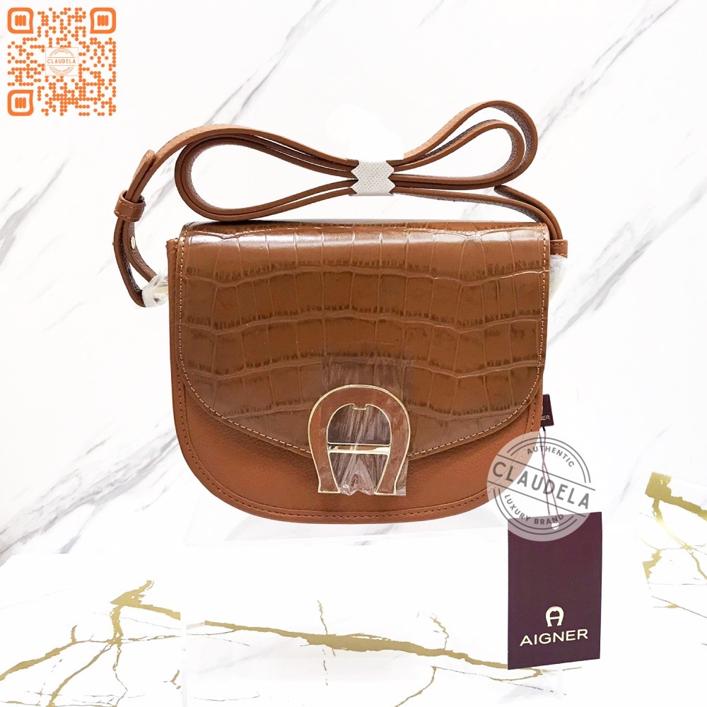 Aigner Pina Croco Crossbody in Cognac Brown