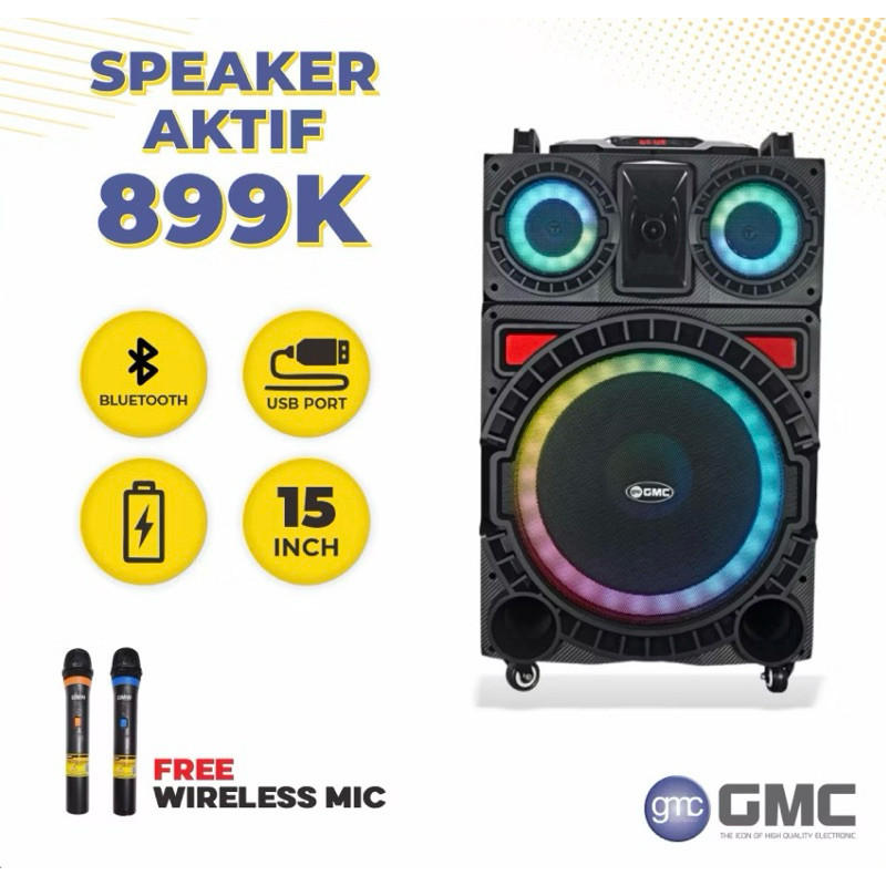 Speaker Portable Bluetooth GMC BM 899K 899 K + 2 Mic Wireless 15in 15inch 15 Inch
