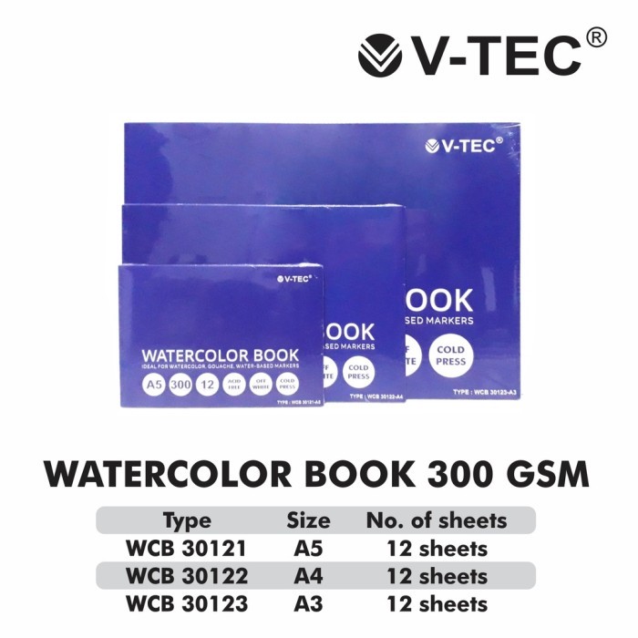 

Water Colour Book V-Tec A4 WCB - 30122 300 Gram isi 12 Sheet