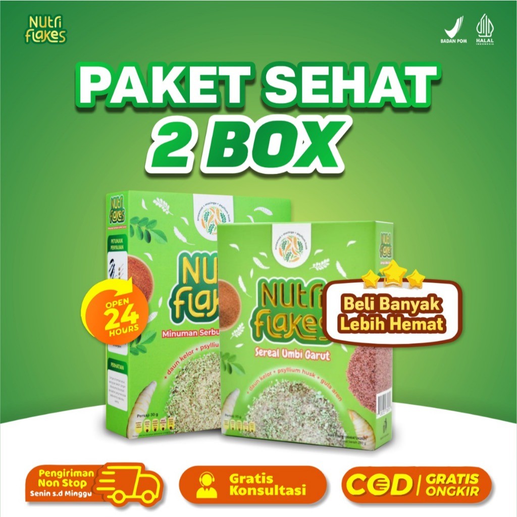

DISTRIBUTOR NUTRIFLAKES Paket 2 Box - Minuman Umbi Garut Solusi Diet Sehat Halal Bpom Cod 2pcs / Nutriflakes