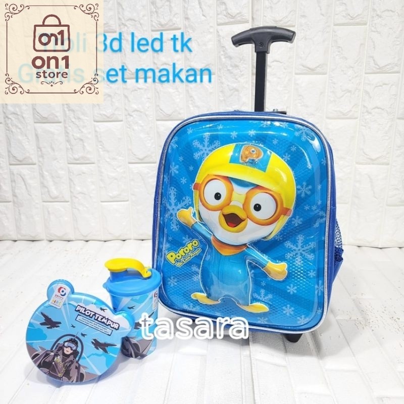 Koper Anak Murah / Tas Troli 3D LED TK motif PORORO gratis set makan