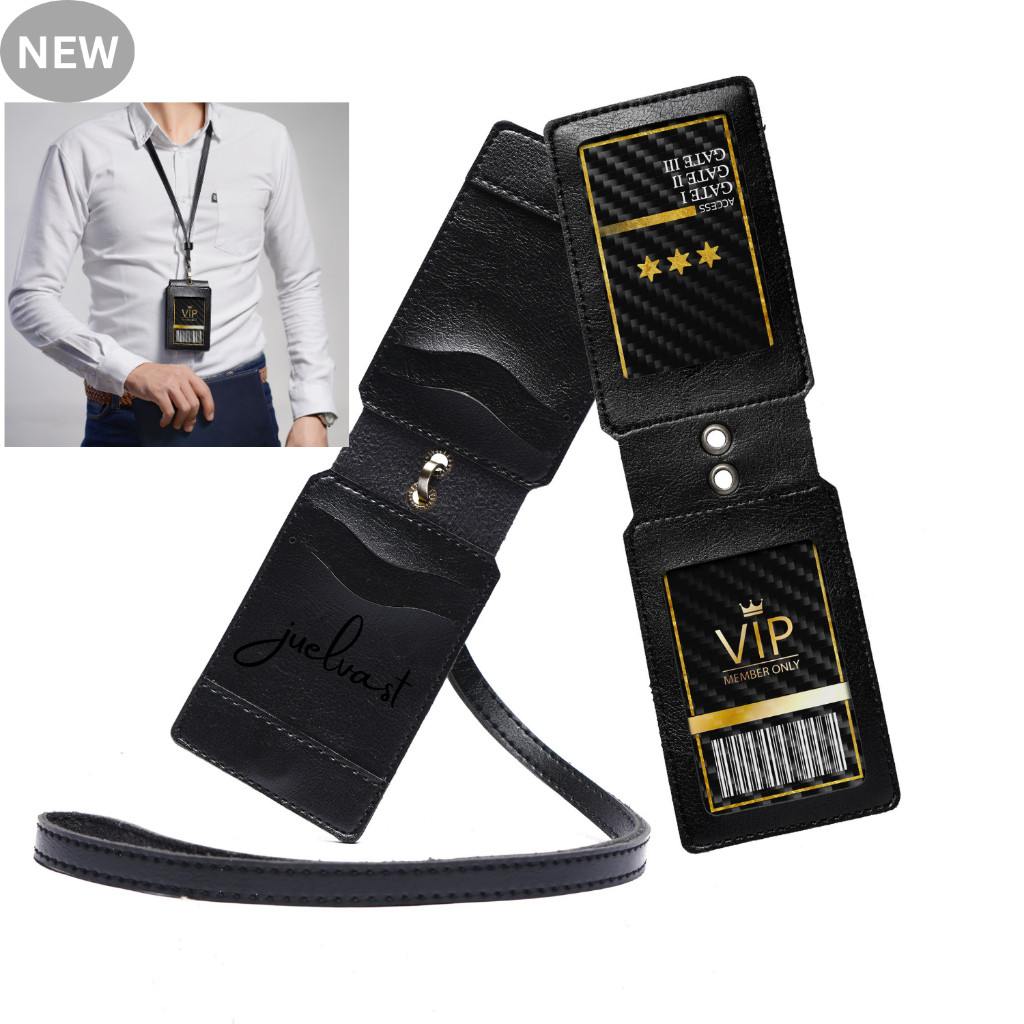 

NEW - Name Tag Holder & Lanyard Kulit PU Leather - Magnet Multifungsi - 2 Sisi