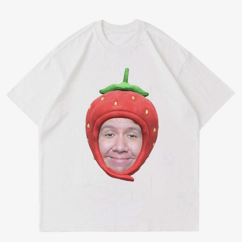 KAOS PUTIH Meme Windah Basudara Art Strawberry| T-Shirt Meme Windah Basudara Pria Katun