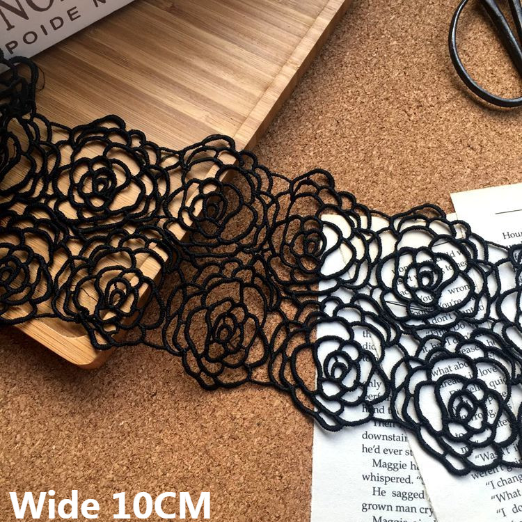 

10CM Wide Elegant Black Cotton Polyester Embroidered Flowers Fabric Ribbon Lace Collar Neckline Trim Wedding Gifts DIY Crafts