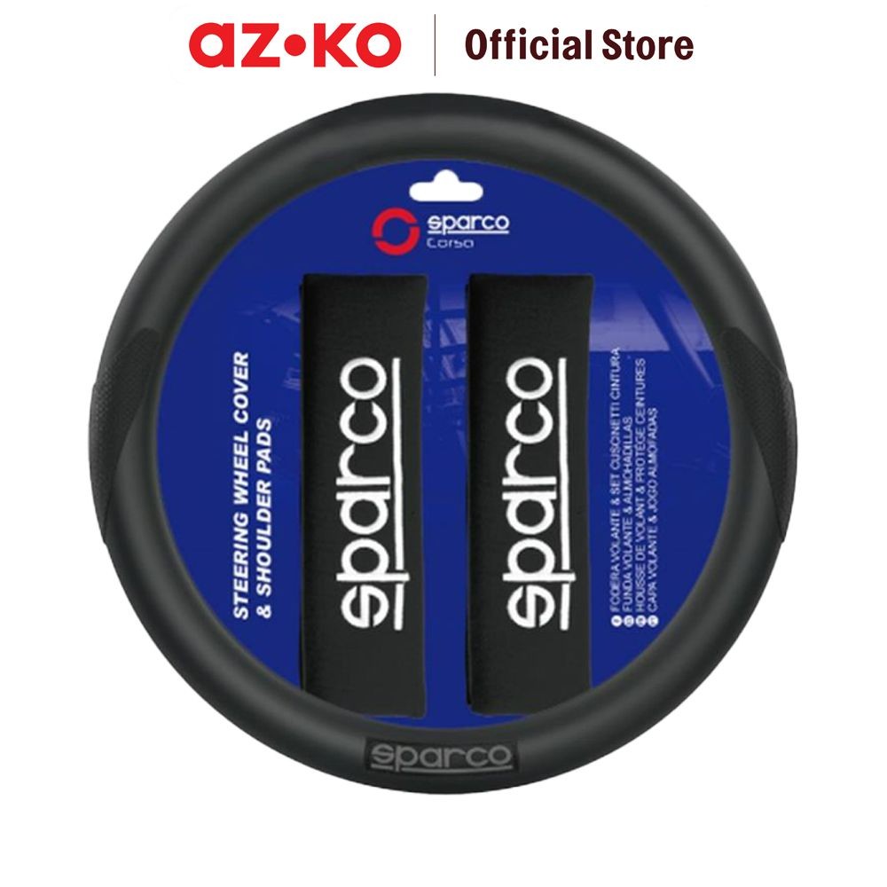 AZKO Sparco Set 3 Pcs Sarung Stir Mobil & Bantalan Bahu - Hitam Steer Cover Aksesoris Interior Mobil
