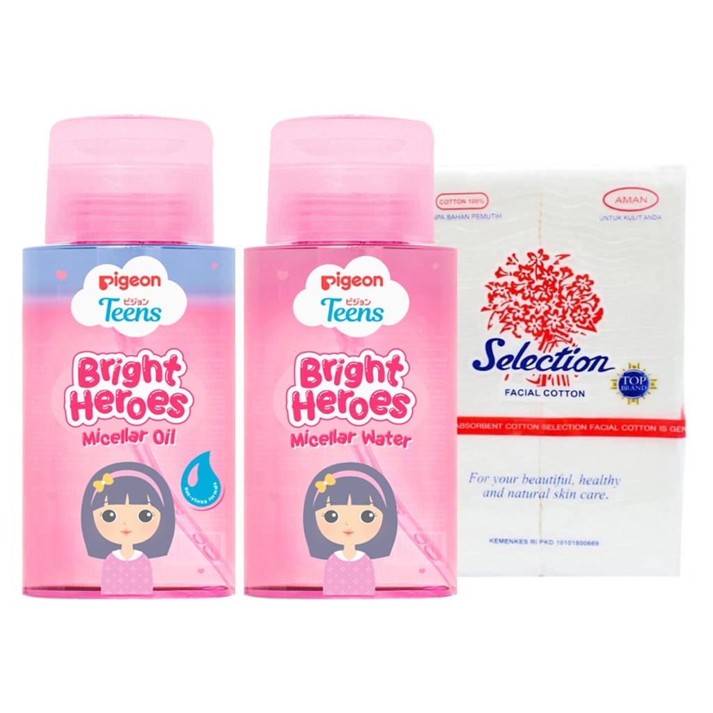 PIGEON TEENS paket Bundling Bright Heroes Micellar Water Oil 100ml Kapas Kecantikan