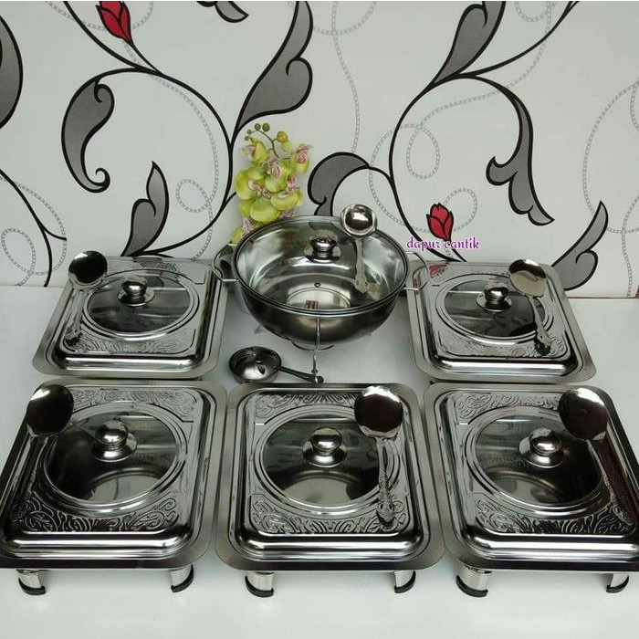 AH36DP PROMO Tempat Makan Prasmanan set tutup full kaca atau batik bahan stainless isi 5 kotak + 1 b