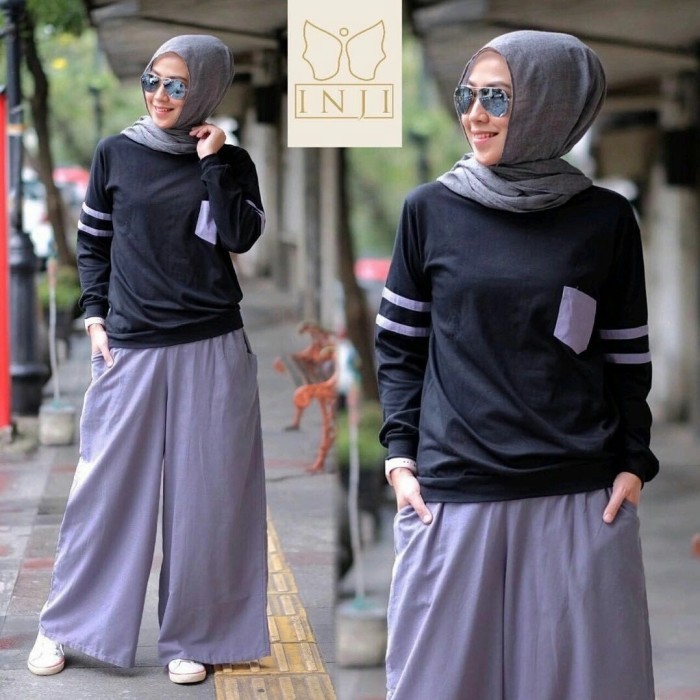 setelan baju remaja inji Hitam kombinasi kulot abu set trendy sha vt