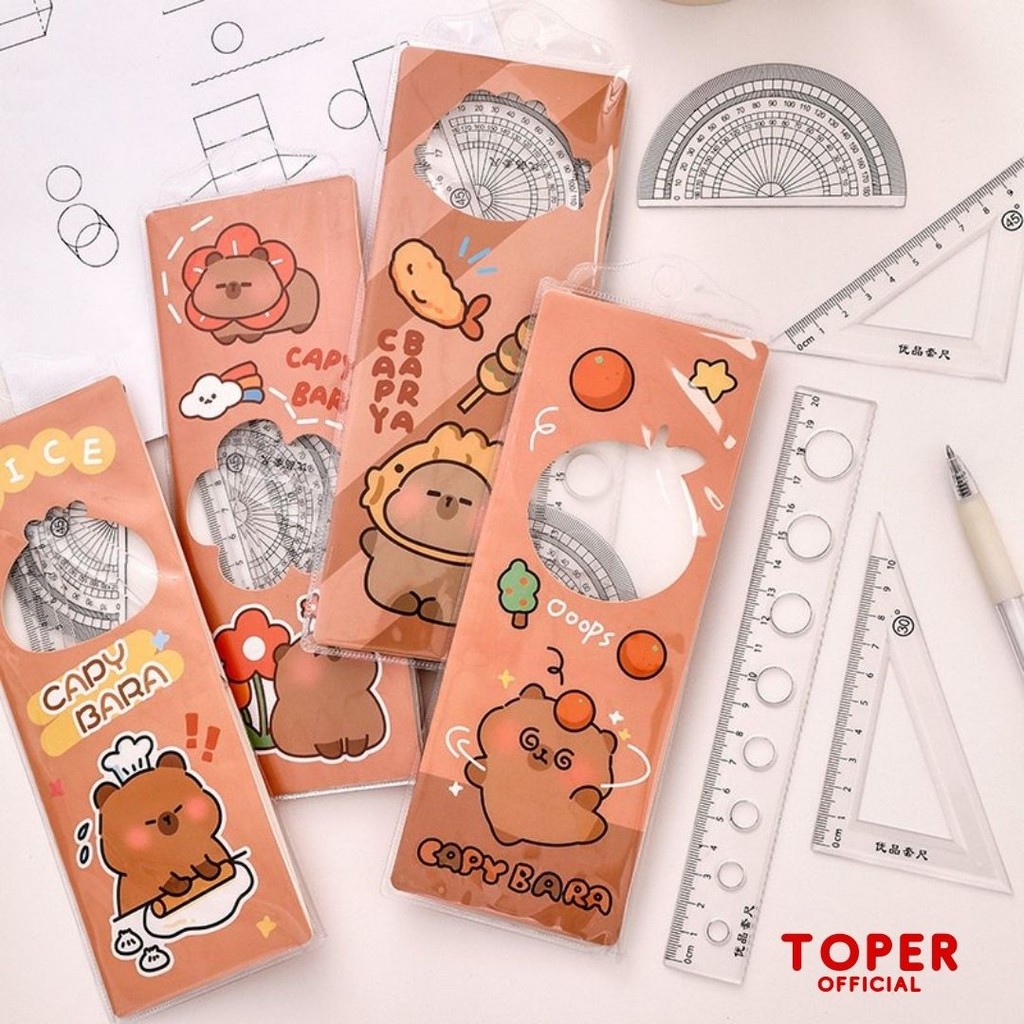 

TOPER Penggaris Capybara Set 4 in 1 Plastik Busur Siku Segitiga Lurus Ruler Plastic Motif Kapibara