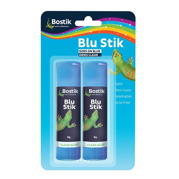 

LEM BLU STIK BOSTIK GOES ON BLUE DRIES CLEAR 2X8G