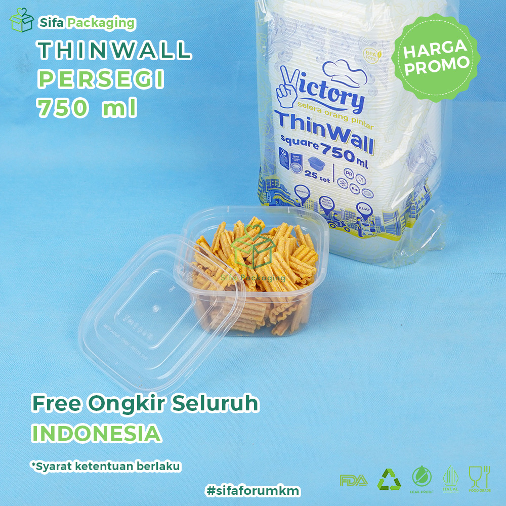 Thinwall Persegi + Tutup 750ml Kotak Makanan Wadah Plastik Thinwall Tempat Kue Snack Food Container