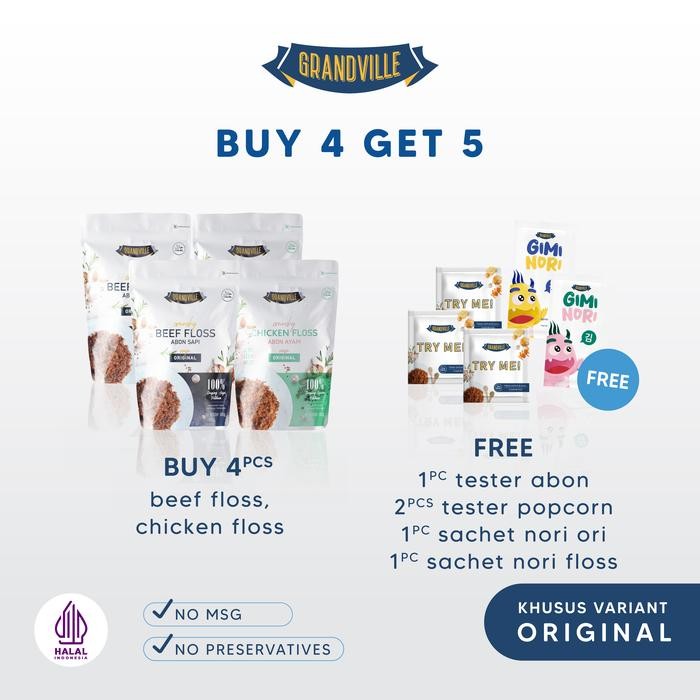 

[BUY 4 GET 5] 4Pc Grandville Abon Mix Abon SAPI [2Pc] & AYAM [2Pc] - Non Msg Gluten Free [terlaris]