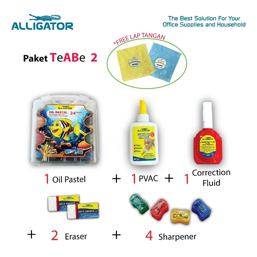 

Paket Tahun Ajaran Baru 2 Bersama Alligator Oil Pastel 24s + Eraser + Lem PVAC + Serutan + Correction Fluid