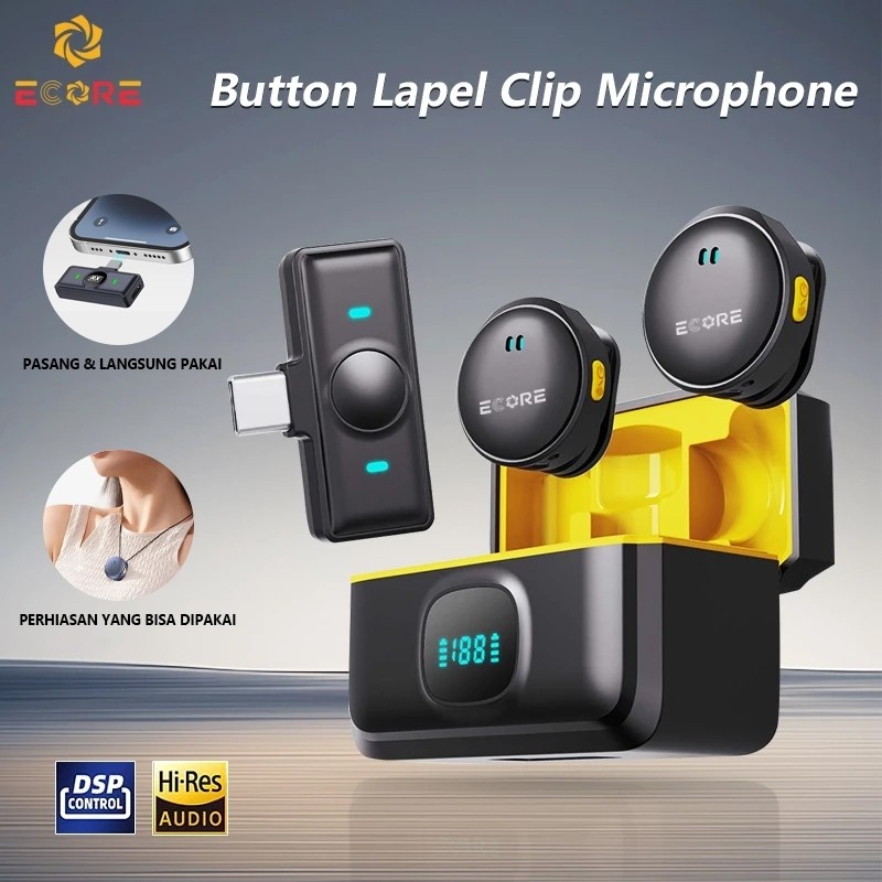 ECORE A30 MIC Wireless Clip on Mic Microphone Dual Mikrofon| Plug & Play, untuk TikTok, YouTube & Li