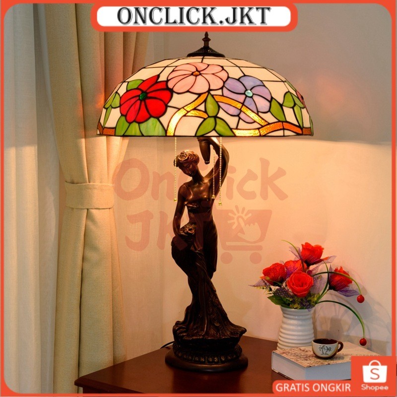 Lampu Tiffany Besar Wanita Hias Kaca Patri Warna Lampu Meja Dekorasi Ruang Tamu Vintage Gaya Eropa