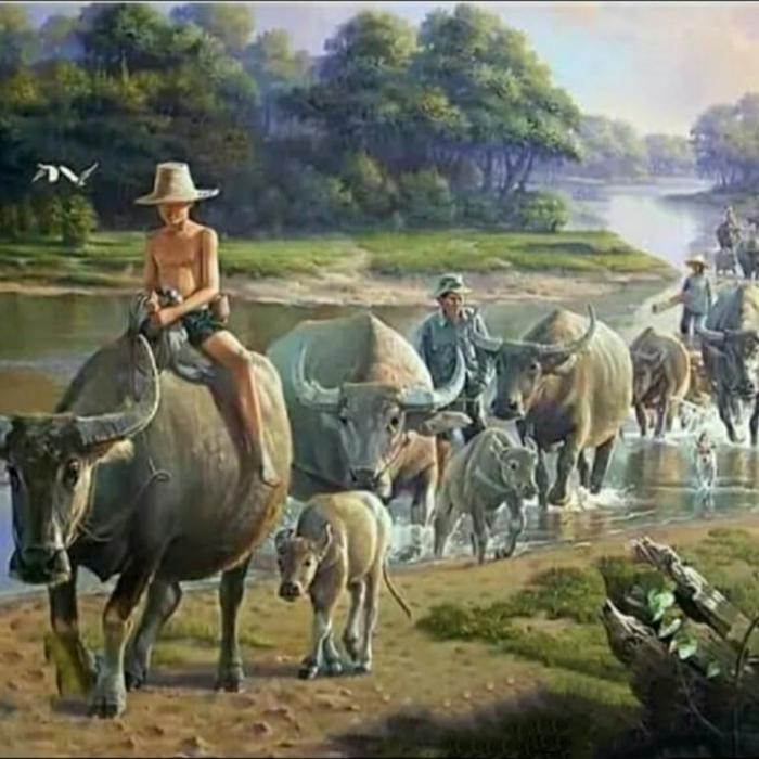 Lukisan kanvas kerbau 90x130 cm