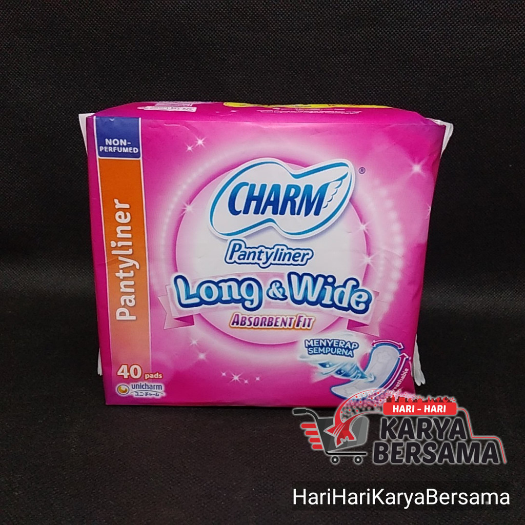 PEMBALUT WANITA CHARM PANTYLINER LONG & WIDE ABSORBENT FIT NON PERFUMED 40'S
