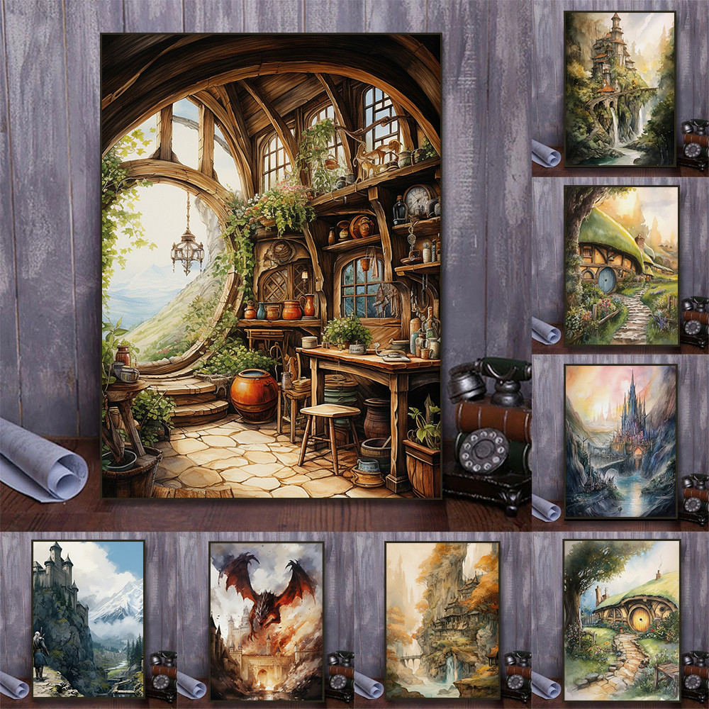 

Watercolor Middle Earth Classic Magic Movie Rivendell Canvas Art Ring Posters and Prints Wall Painting Living Room Home Decor