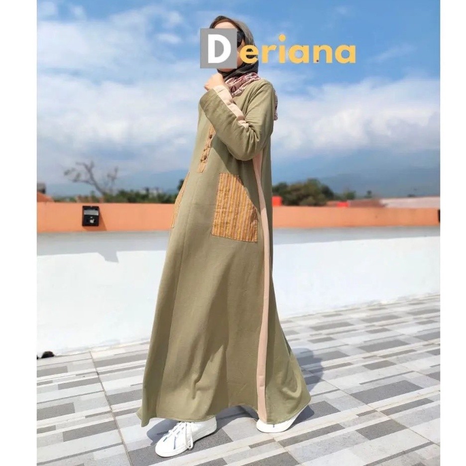 Gamis Lurik Kaos Terbaru Casual Premium Sporty Warna Olive Maylea Dress Muslim Wanita Deriana