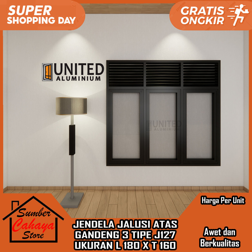 [Kargo] United Aluminium Co Id Jendela Jalusi Atas Gandeng 3 Tipe J127 Ukuran L180 X T160 180x160 18