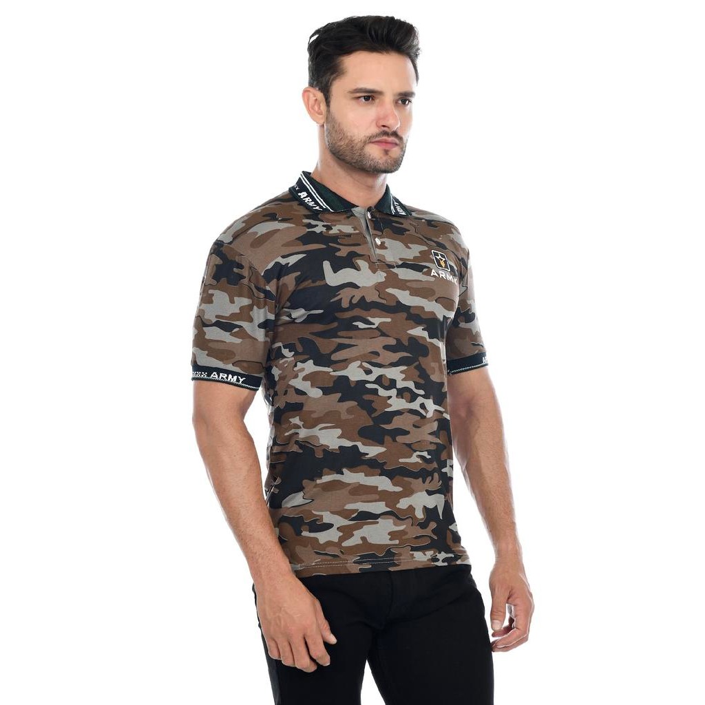 Kaos kerah kemeja Army tentara loreng baju black camo gym fitness pria