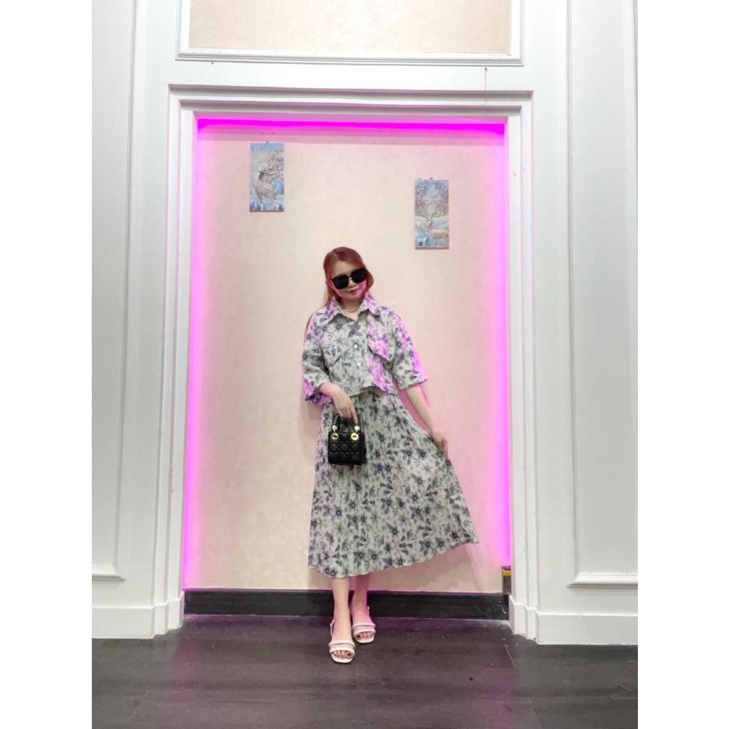 One Set Fuji / One Set Clara Kemeja Crop & Rok Midi Plisket