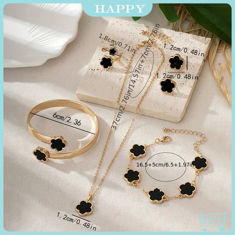 【COD✅ In Stock 】4pcs/Set Clover Titanium Vintage Perhiasan Wanita/ Anting + kalung + gelang(gelang t
