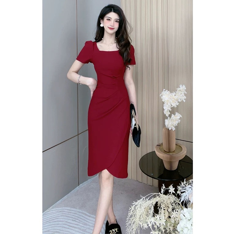 baju midi dress terbaru 2025 korea hitam press body panjang Wanita elegant party dress Korean Style 