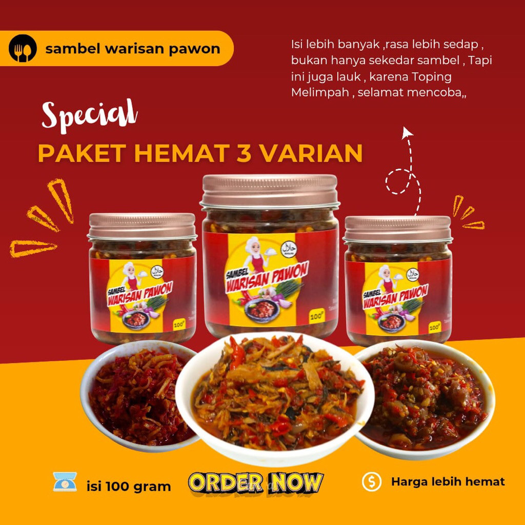 

Sambal Warisan Pawon-Sambal Cumi Paket 3 Varian Rasa 100g Lebih Hemat