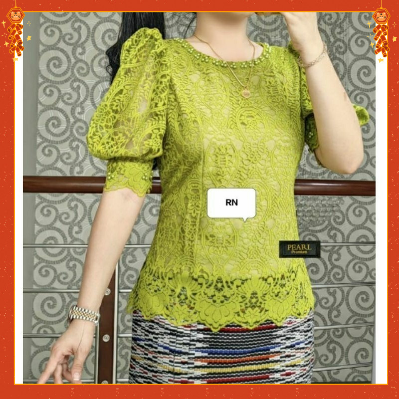 WATs Atasan Blus Renda Lengan Balon Blus Brokat Wanita