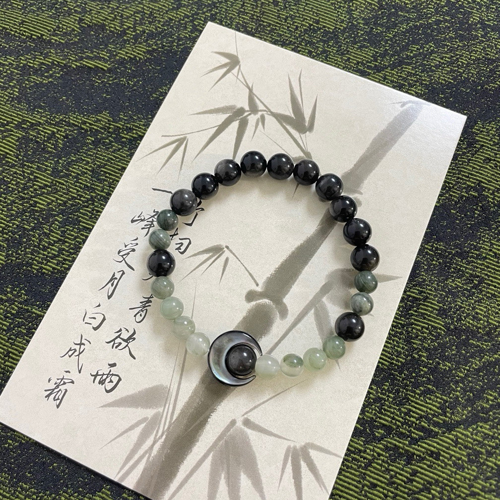 Gelang Asli 8mm Perak Alami Yaoshi 6mm Batu Alam, Black Shell Moon Retro Wanita Cina Baru