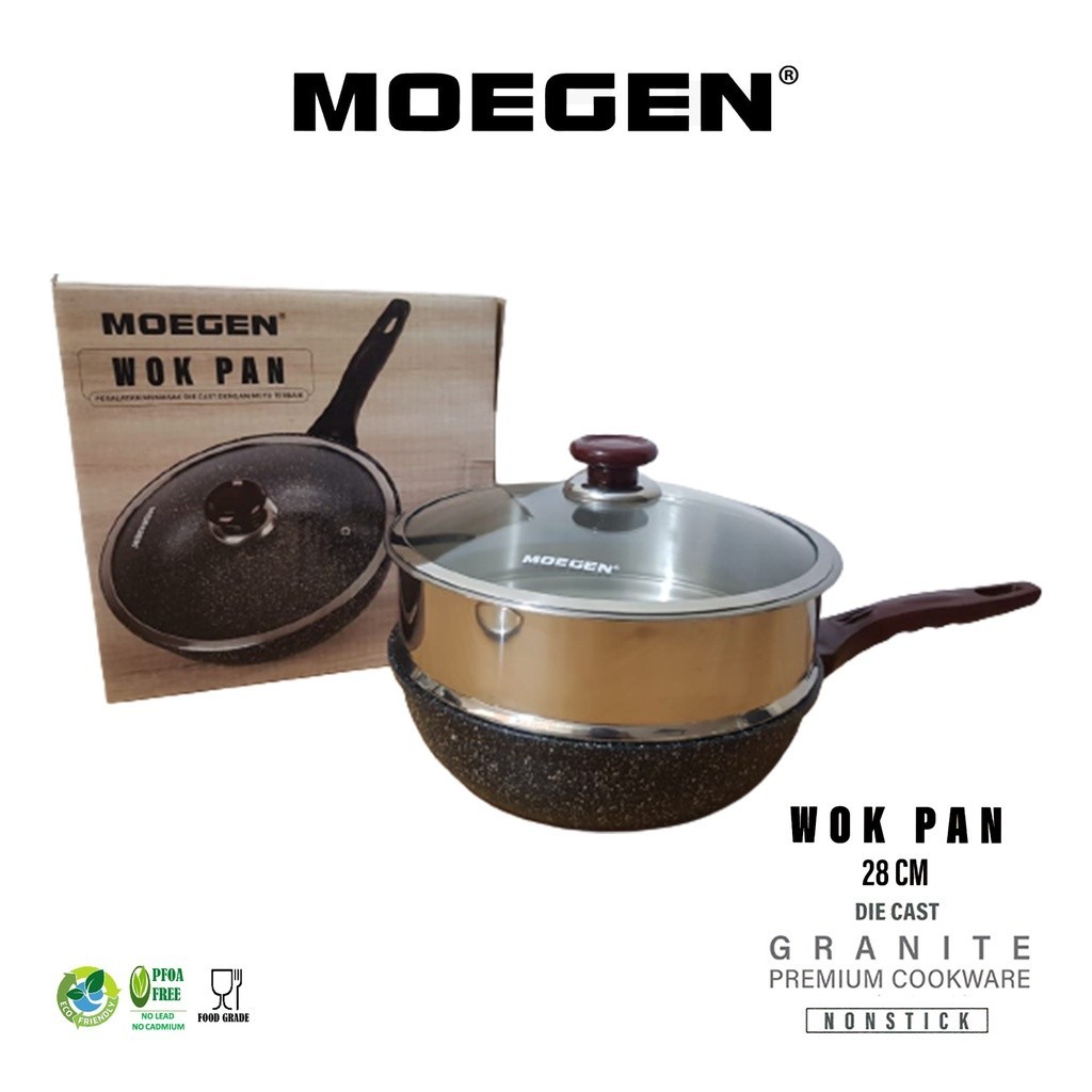 MOEGEN Wok Pan 28cm  PANCI WOK DEEP FRYERGranite Plus Steamer / Kukusan Anti Lengket