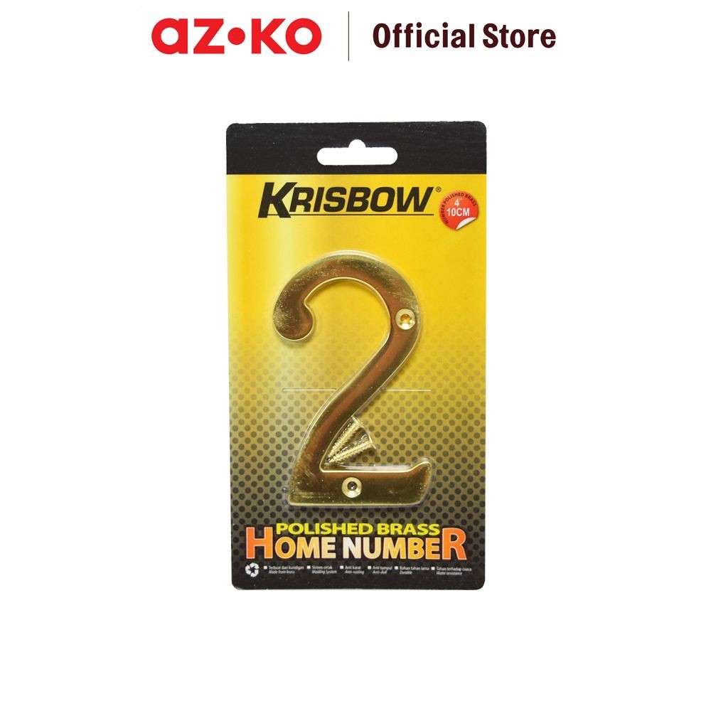 AZKO Krisbow Nomor Rumah 2 Polish Brass 10 cm Angka Penanda Rumah Hiasan Nomor Pager Rumah Dekorasi 