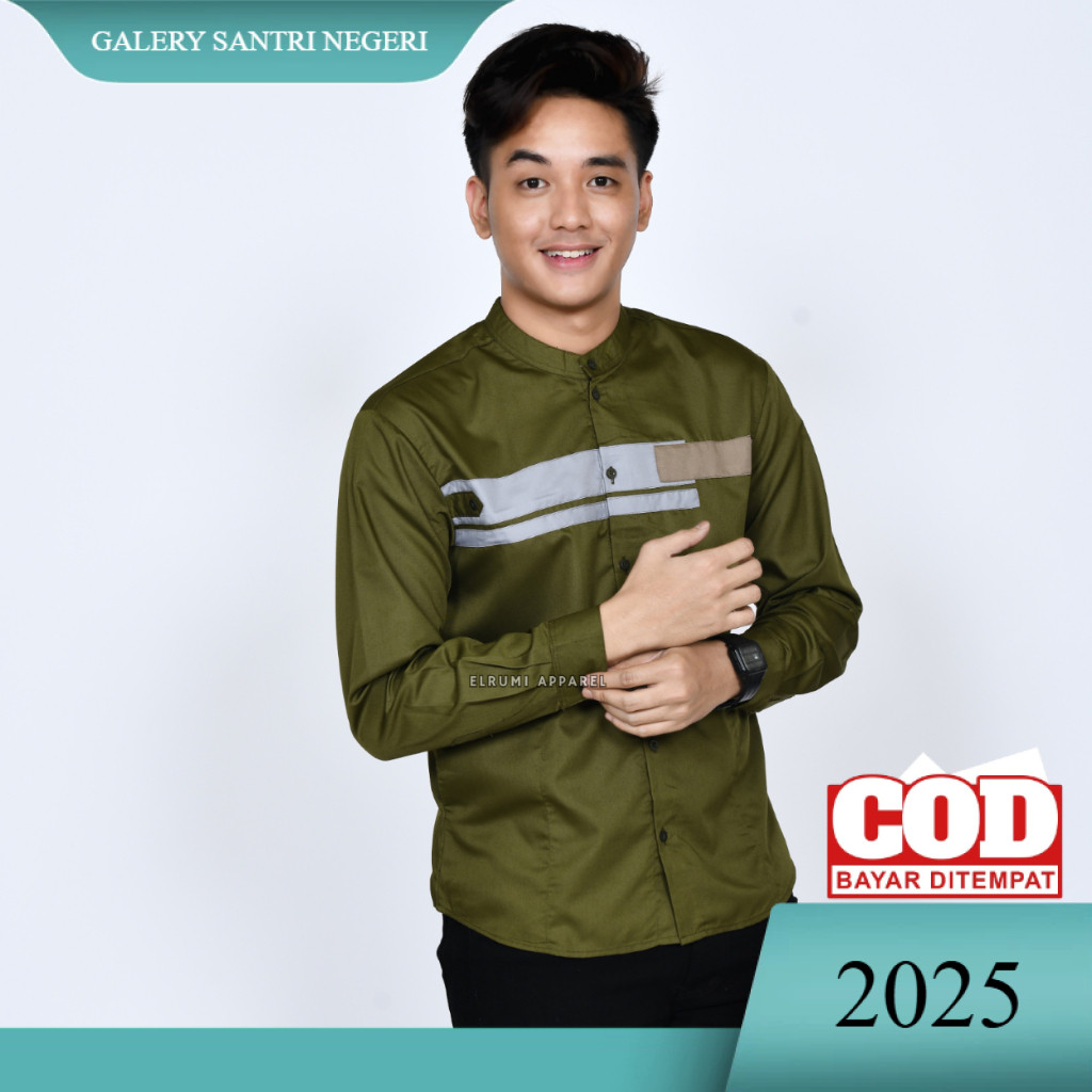 Baju Koko Pria Dewasa Lengan Panjang Warna Hijau Army Motif Yordhan