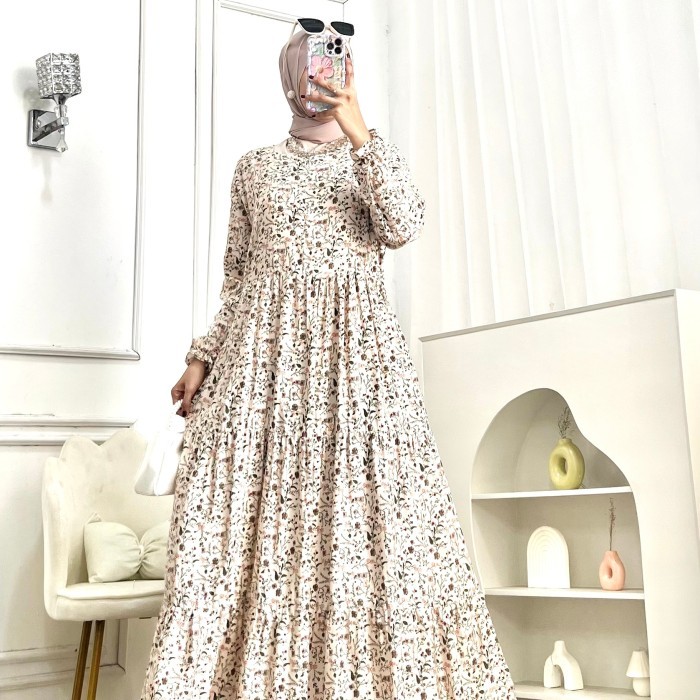 Busana Muslim Wanita Modern Modis Trendy Bahan Berkualitas Bagus /Gamis Wanita Rayon Motif Sakura Dr
