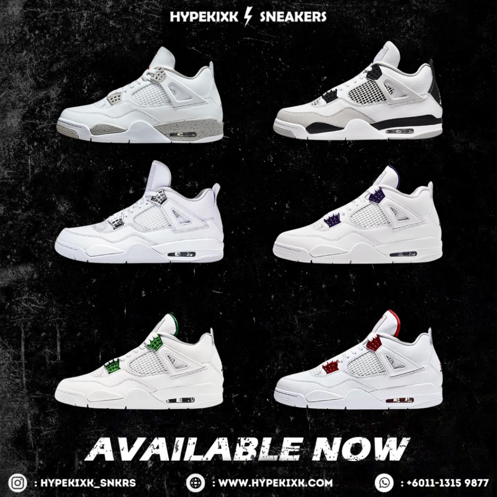 HYPEKIXK UA Jordan 4 Retro Unisex Sneakers White Oreo, Military Black & Metallic Pack: Green, Purple