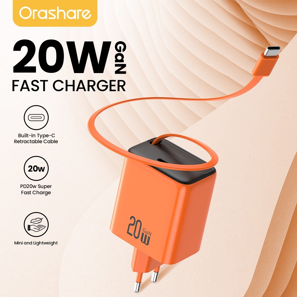 Orashare CR20 2-in-1 GaN 20W Fast Charger With Built-in Retractable Type C Cable Fast Charging