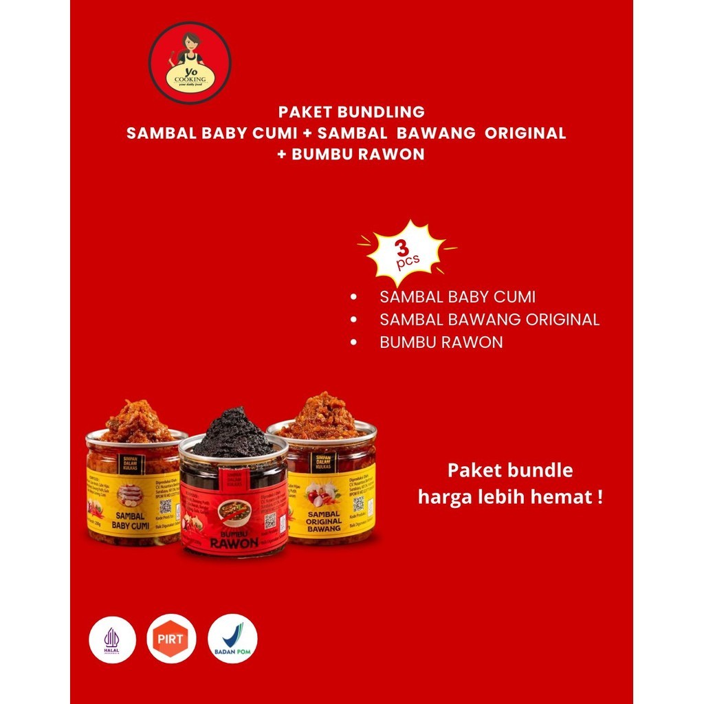 

YO COOKING PAKET BUNDLING MIX SAMBAL CUMI/SAMBAL ORIGINAL/BUMBU RAWON/YOCOOKING SAMBAL