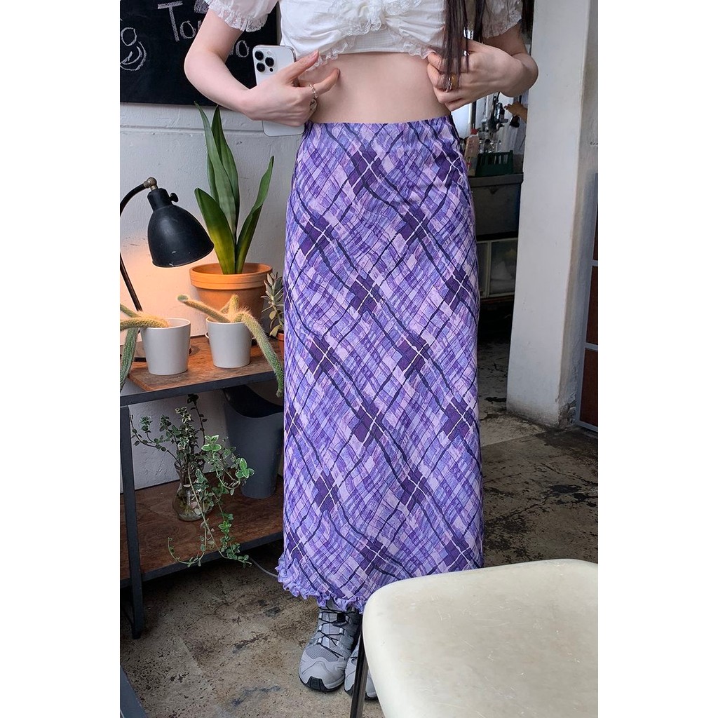Versi Korea retro rok kotak-kotak tidak beraturan wanita ukuran besar pinggang tinggi tepi jamur spl