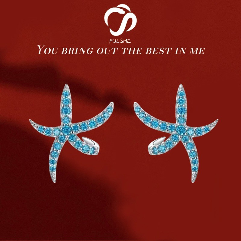 FULSHE Anting Bintang Laut Berlian Biru Tua untuk Wanita Gaya Korea Anting Pantai Berlian Asli Halus