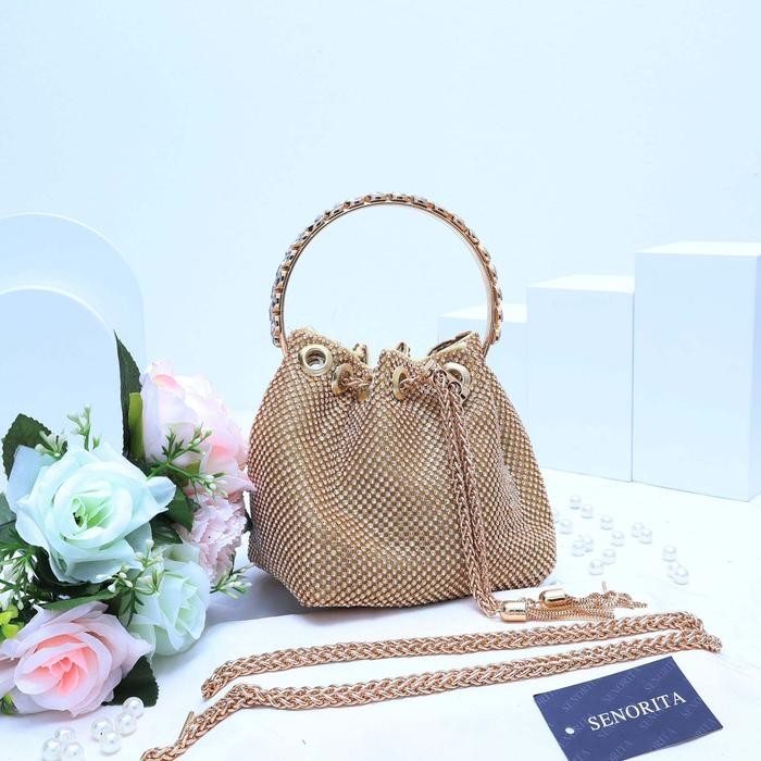 Tas Pesta Kondangan Wanita SNL  358 Serut  + Kotak 16cm - Gold Serut
