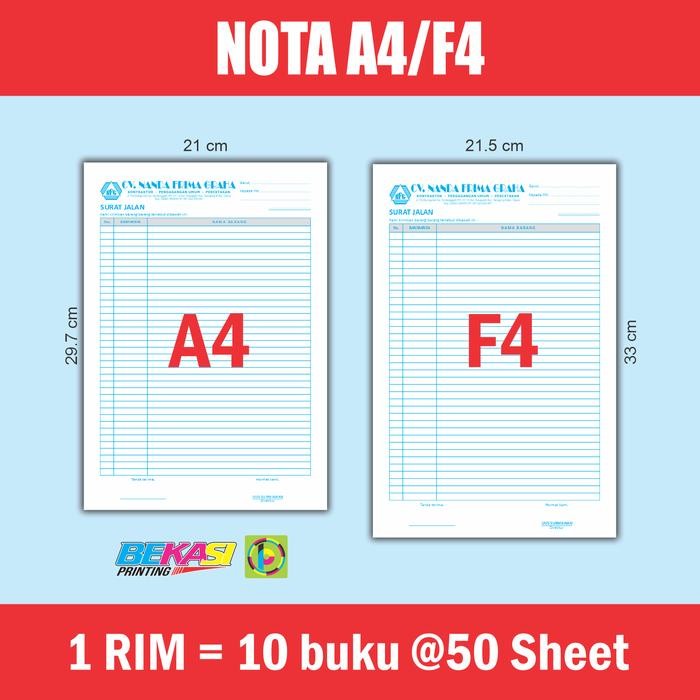 

AHHA Cetak Nota Bon Invoice 4 Rangkap / Ply - Carbonless Tanpa Karbon - A4/F4, Standar