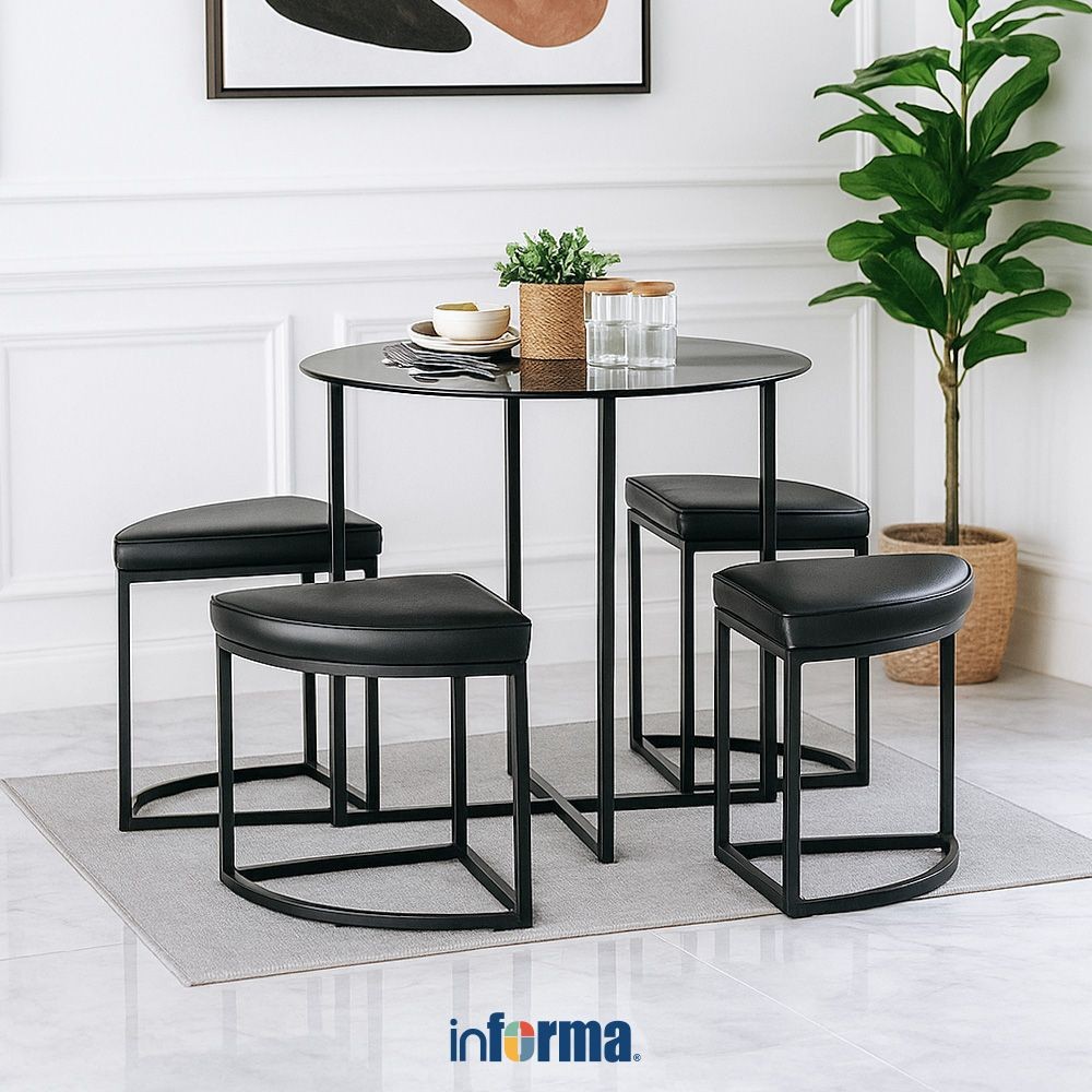 Informa Zeus Set Meja Makan 4 Bangku - Hitam Dining Table Kursi Ruang Makan Aesthetic Furniture Dini