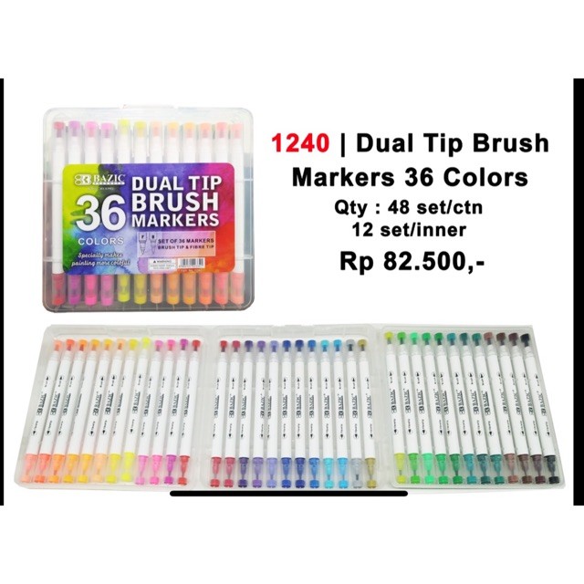 

Brush pen dual tip bazic 36 warna spidol brushpen water base usa brand plastic case