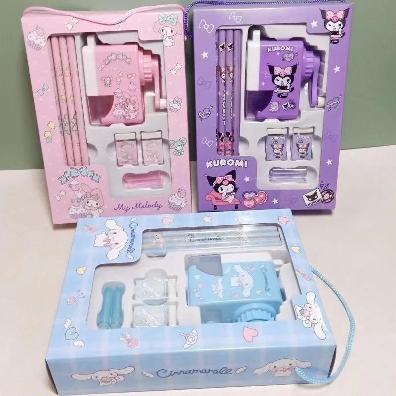 

9 Pcs/set Sanrio Mymelody Kuromi Cinnamoroll pen cap Hand-cranked Pencil Sharpener Eraser pencil Stationery Set For kids Gift