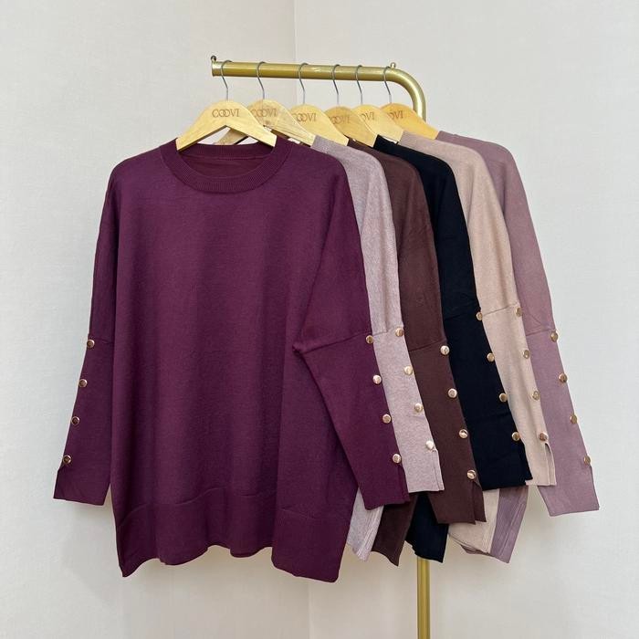 COOVI Varvara Tunik Oversize Gold Button Long Sleeve - Atasan Wanita Lengan Panjang Polos Knitwear R