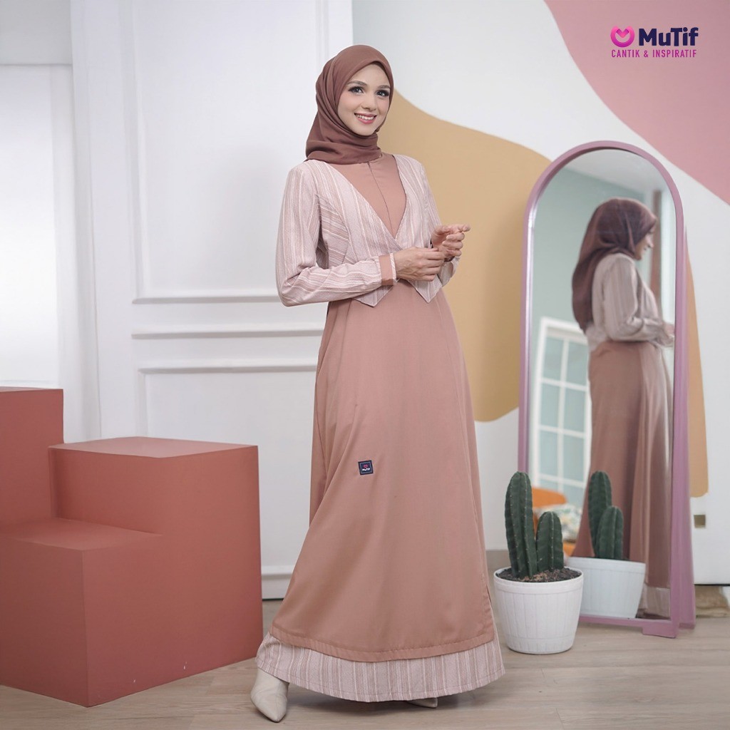 MUTIF New Gamis Maizura Dress Look 2 pieces rompi stripes Modern Casual Trendy Remaja Kondangan Keki